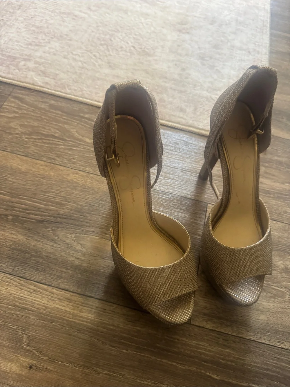 Jessica Simpson Champagne Glitter Open-Toe High Heels with Ankle Strap
